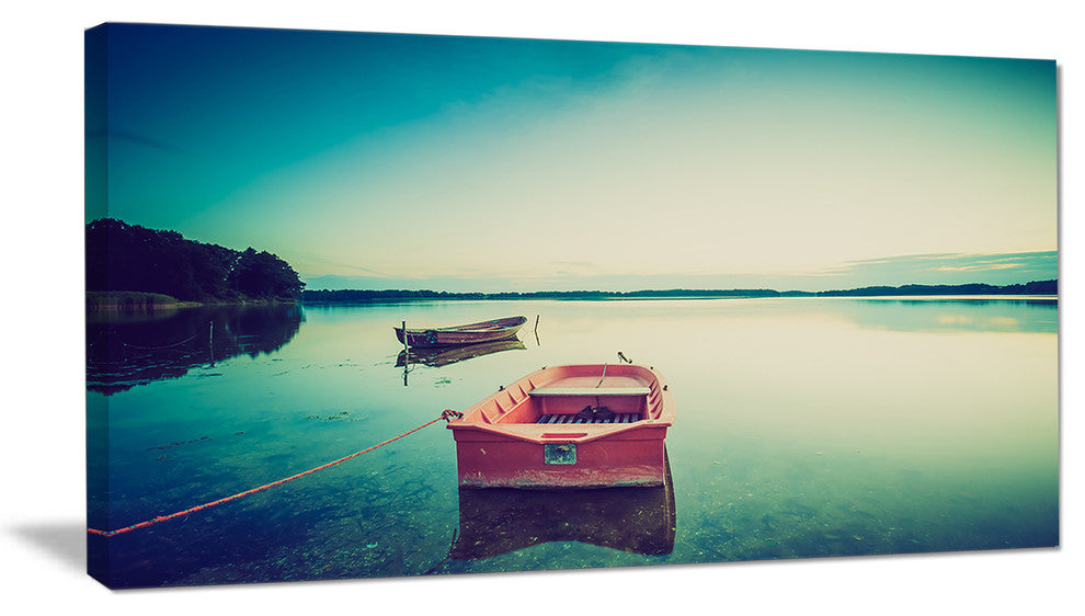 Pink Boat in Vintage Lake, Boat Canvas Art Print, 40x20