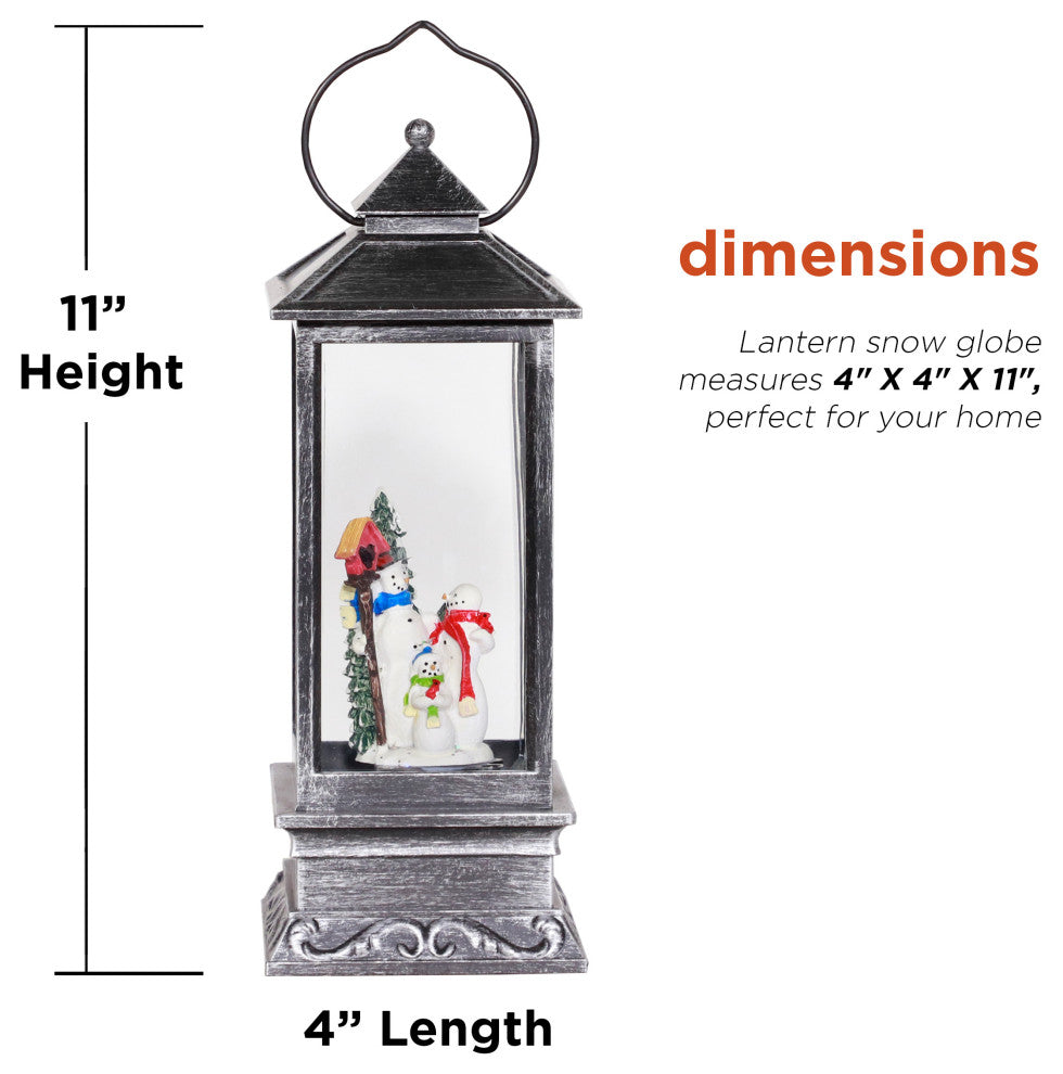11"H Indoor Lantern Snowman Snow Globe Holiday Decoration with LED Light, Silver