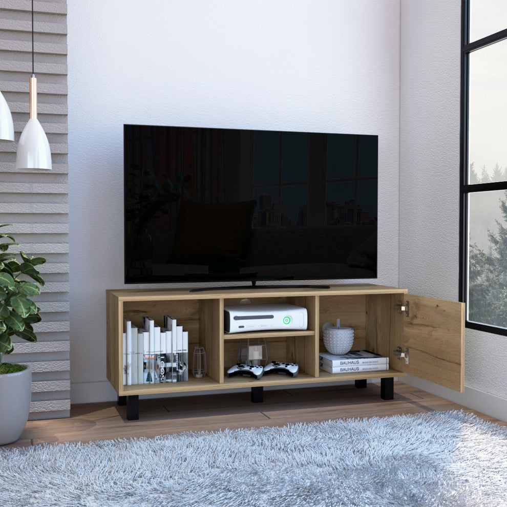 Rome TV Stand For TVs up to 43" with 3 Open Shelves and 1 Cabinet, Light Oak