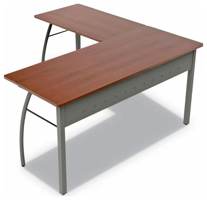 Modern Desk, L-Shaped Design With Metal Legs & Wooden Top, Cherry/Gray