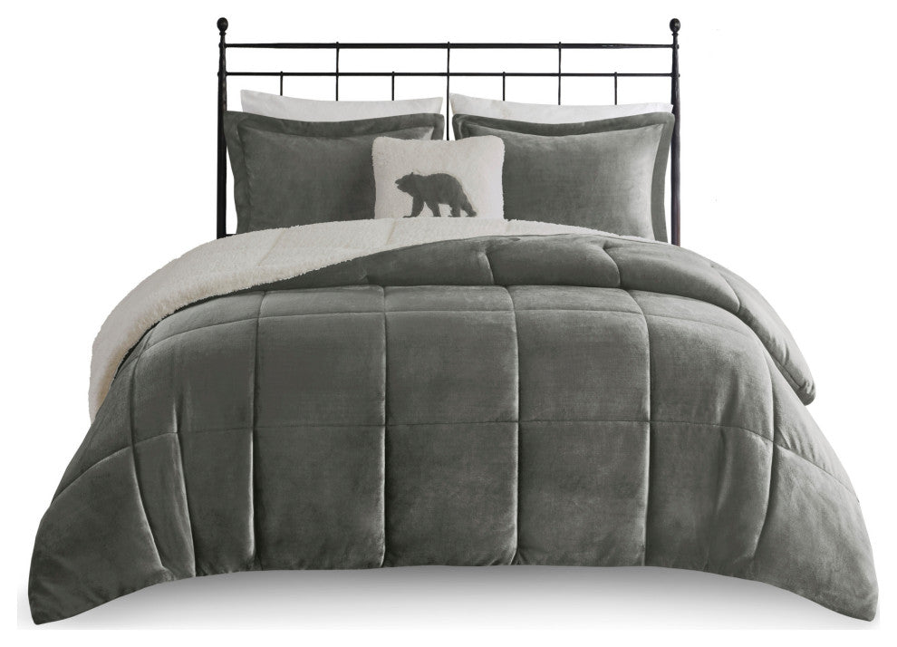 Woolrich Alton Plush to Sherpa Winter Comforter Set, Grey, King