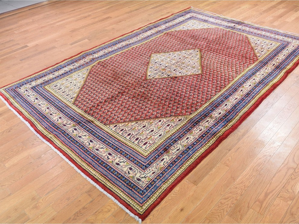 Red New Persian Sarouk Mir Full Pile Pure Wool Small Design Rug , 6'7" x 10'2"