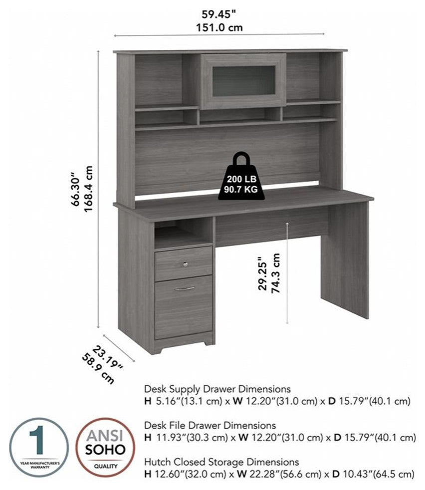 Cabot 60W Computer Desk with Hutch in Modern Gray - Engineered Wood