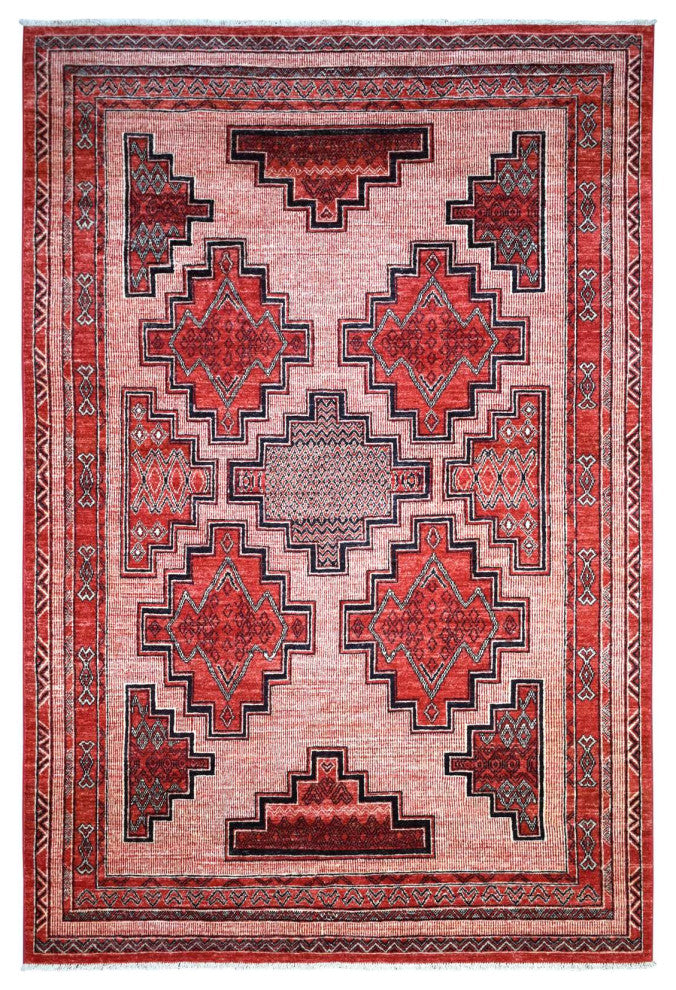 Red Peshawar Berber Motifs Pop of Color Pure Wool Hand Knotted Rug, 5'10"x8'10"