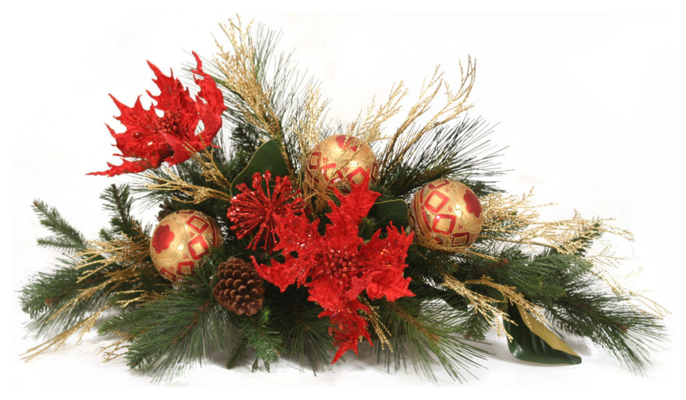 Red Poinsettia Mantle Arrangement With Pine and Ornaments