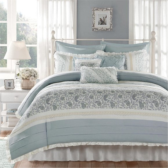 Madison Park Printed-Pieced 9-Piece Duvet Set With Pintuck, Aqua, Queen