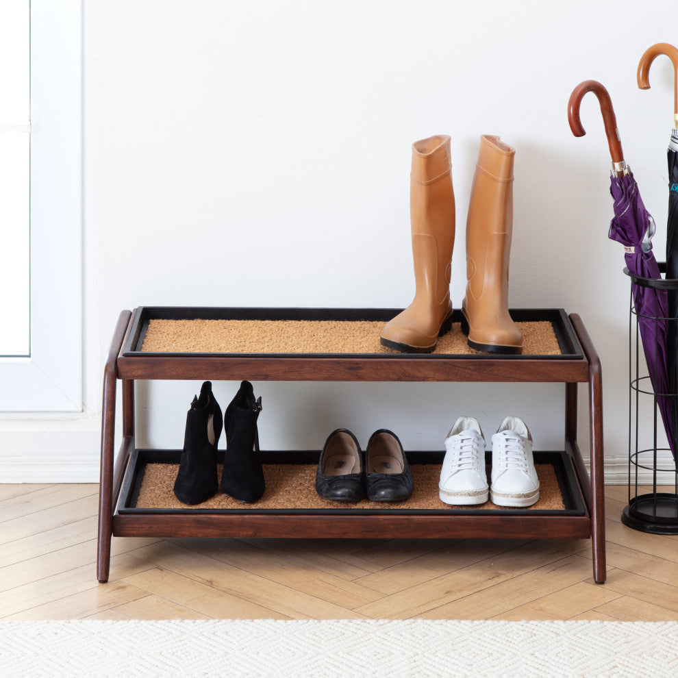 Double-Tier Brown Stand With 3-Pair Rubber Boot Trays Smoked Oak