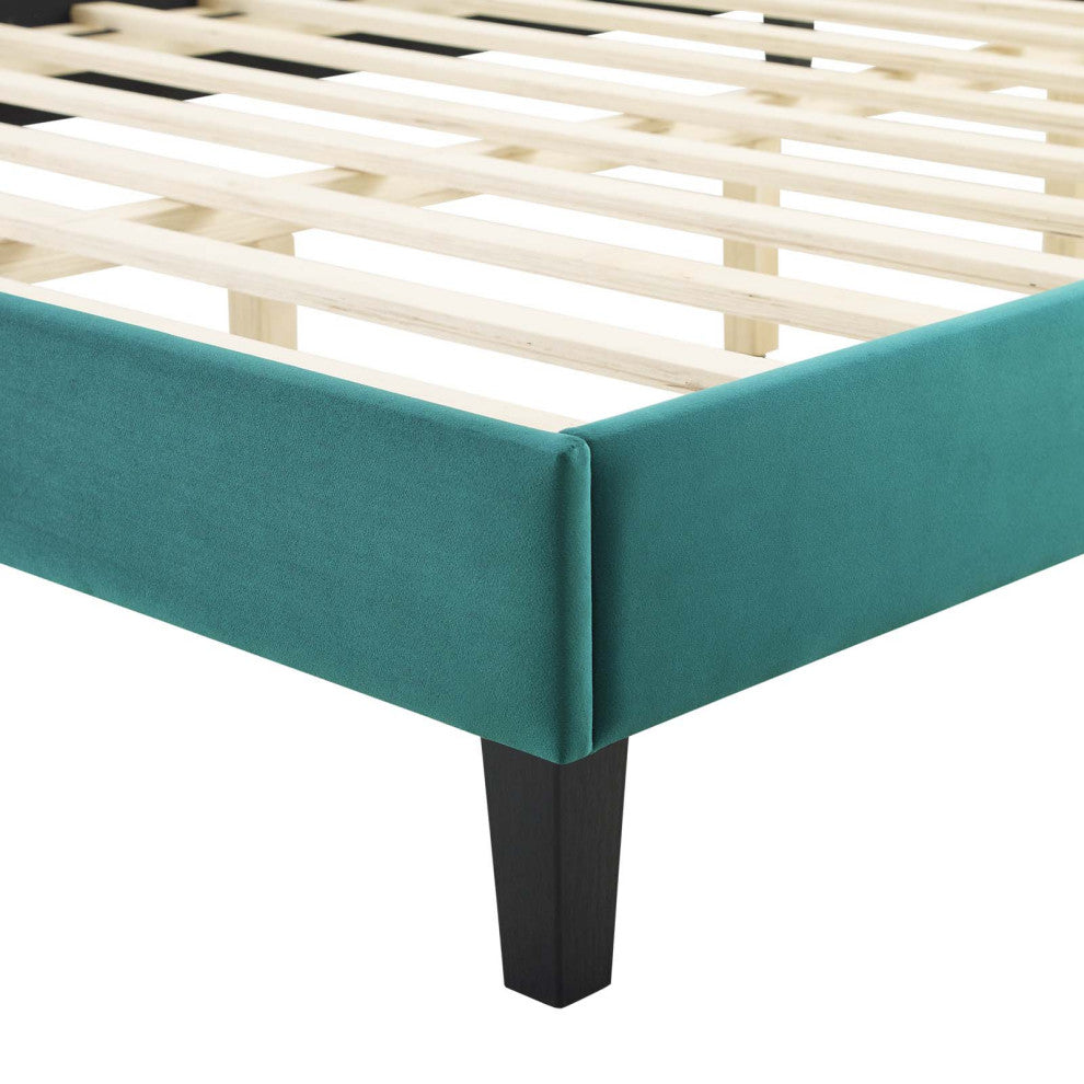 Tufted Platform Bed Frame, King Size, Velvet, Teal Blue, Modern Contemporary
