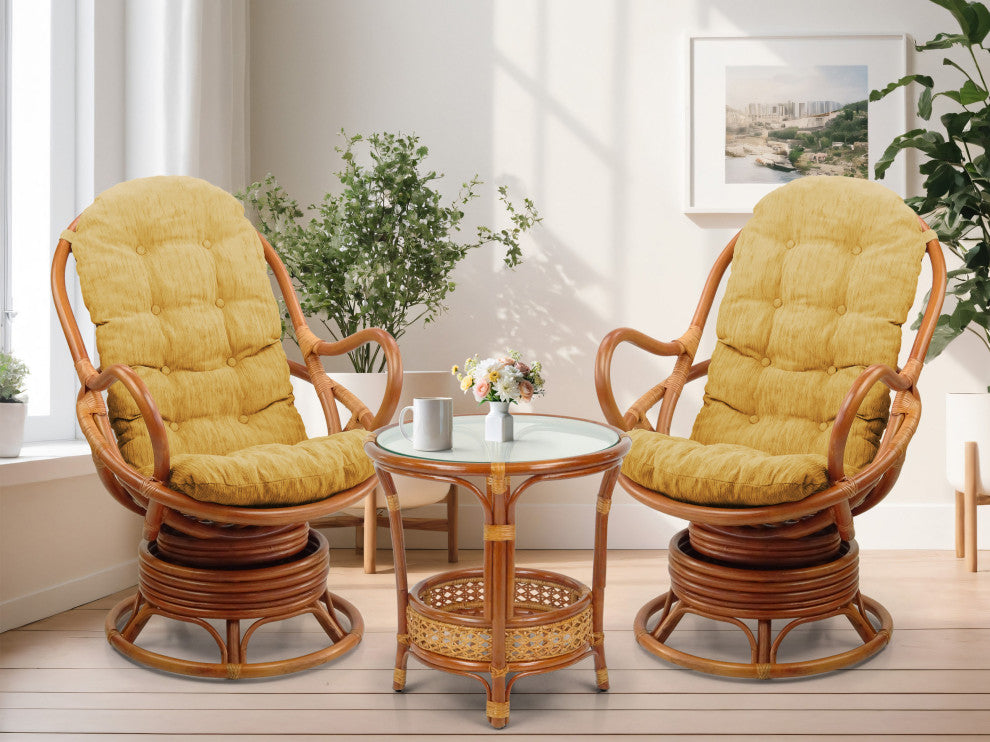 Java Lounge Swivel Rocking Rattan Wicker Chair Colonial, Light Brown Cushion