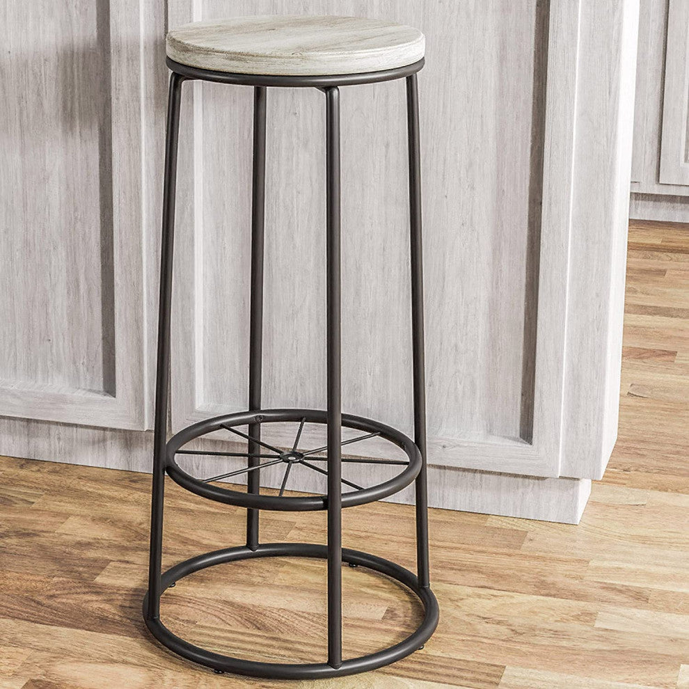 Set of 2 Bar Stool, Wheel Footrest and Backless Round Seat, Coastal White
