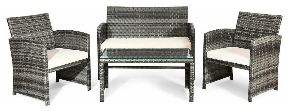 Costway 4PCS Patio Rattan Furniture Set Conversation Glass Table Top Cushioned