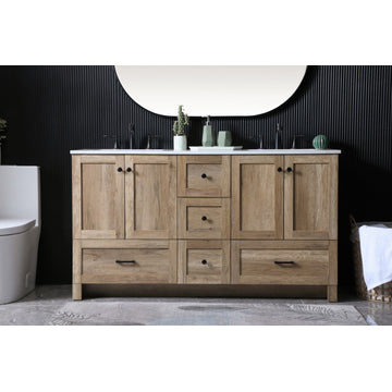 60" Double Bathroom Vanity, Natural Oak, 60