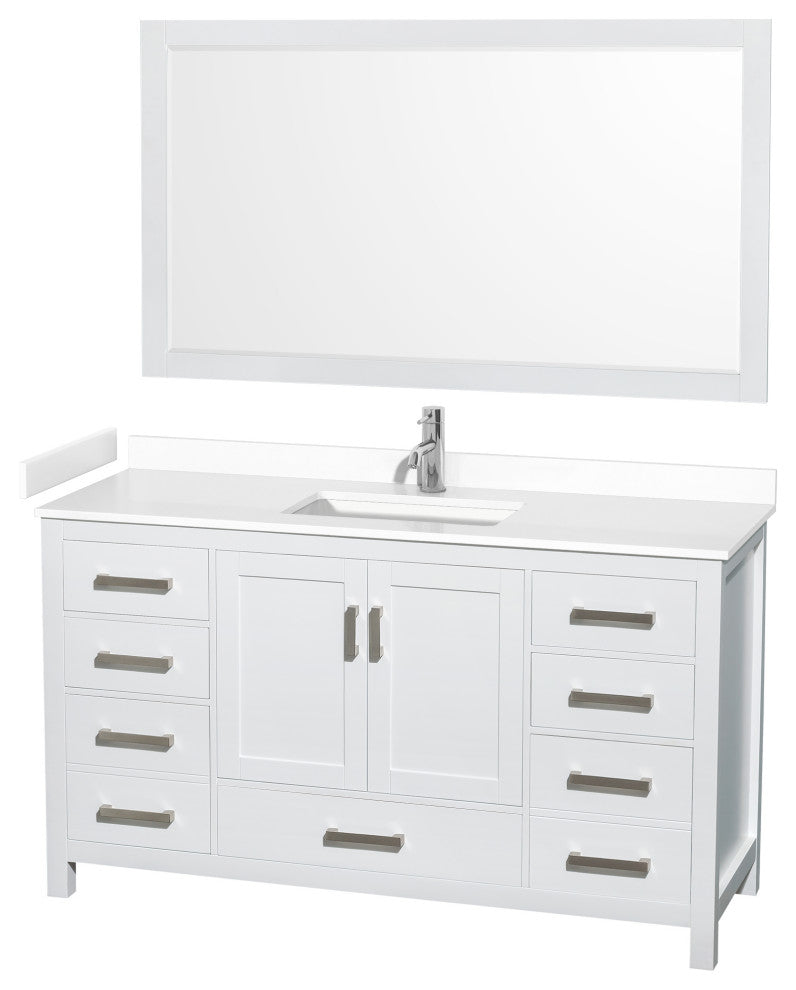 60"SGL Bathroom Vanity, White, White Cult. Marble Countertop, Sink, 58" Mirror