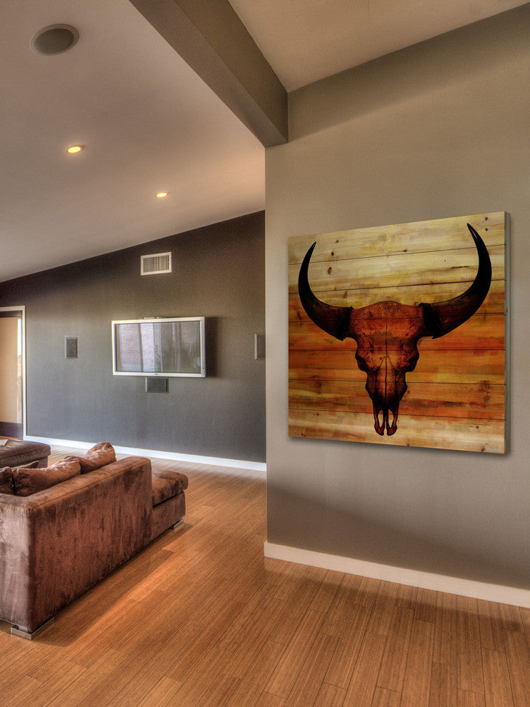 "Burnt Sienna Skull" Print on Natural Pine Wood, 40"x40"
