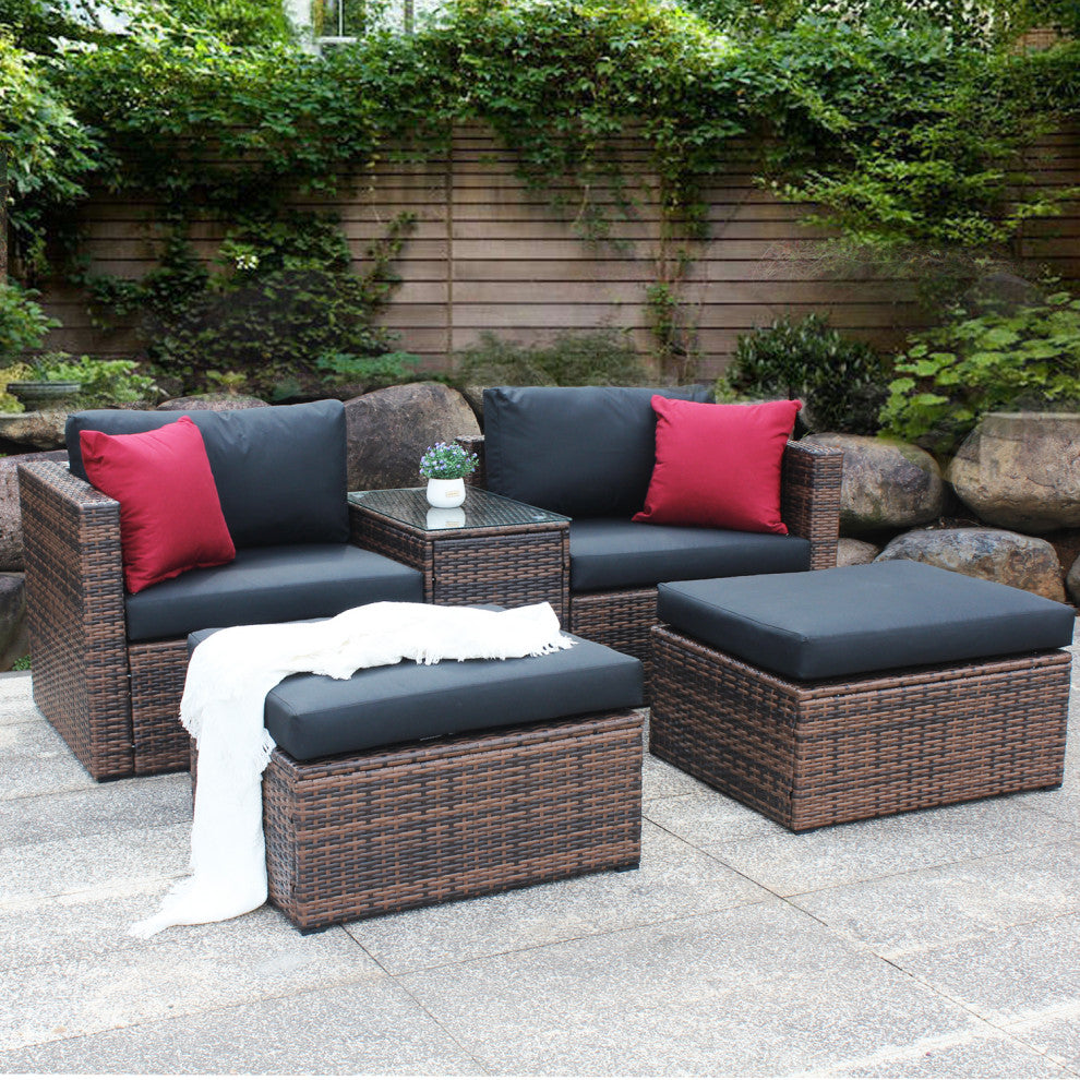 5-Pieces Wide Outdoor Wicker Reversible Patio Sectional With Cushions