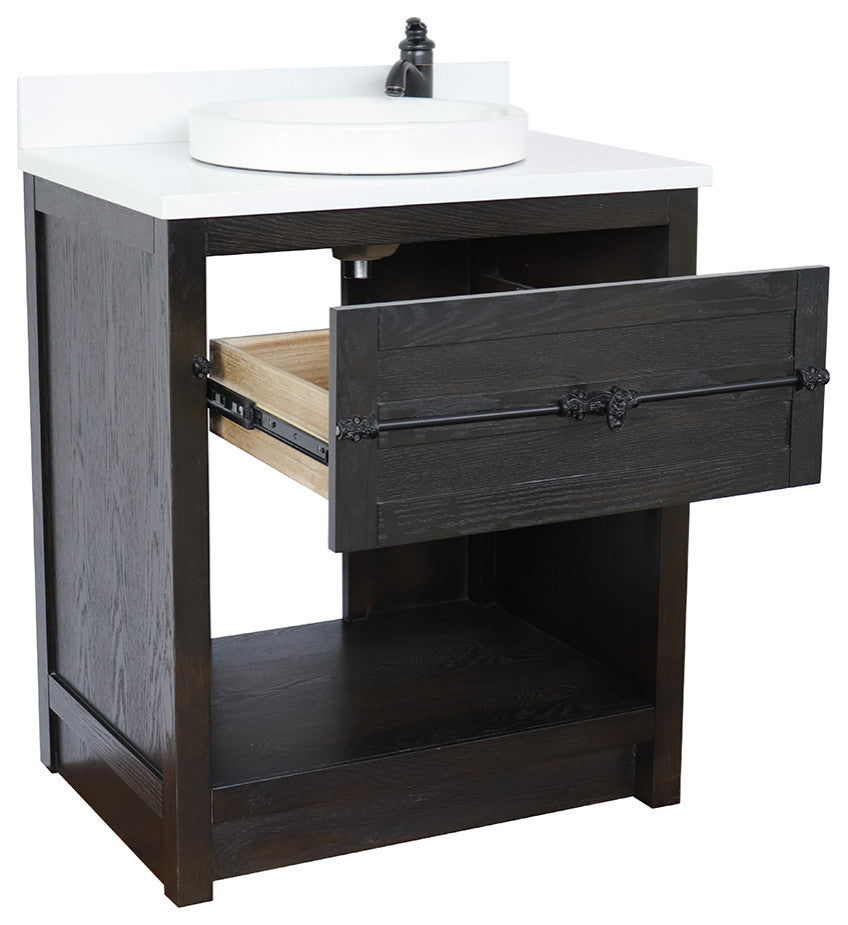 30" Single Vanity, Brown Ash, White Engineered Stone Top, Round Sink