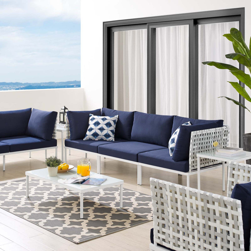 Lounge Sectional Sofa Chair Table Set, Sunbrella, Aluminum, Blue Navy, Outdoor