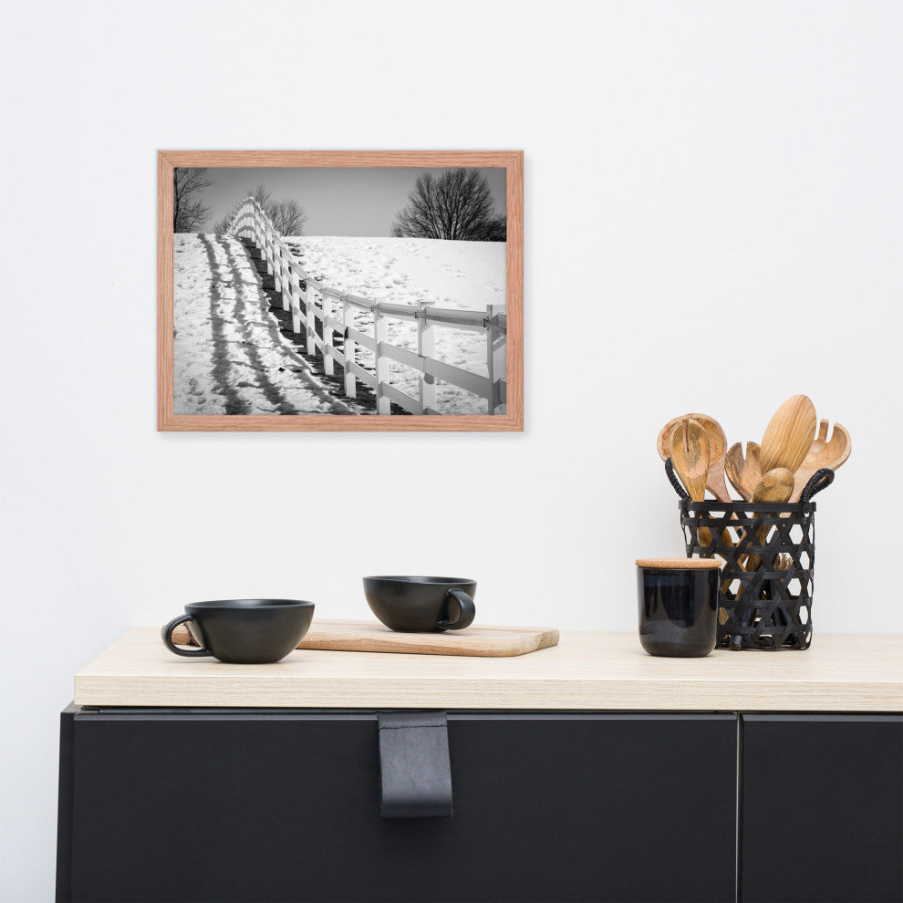 Endless Fences in Black & White Rural Landscape Framed Photo Paper Art Prints, Red Oak, 12" X 16"