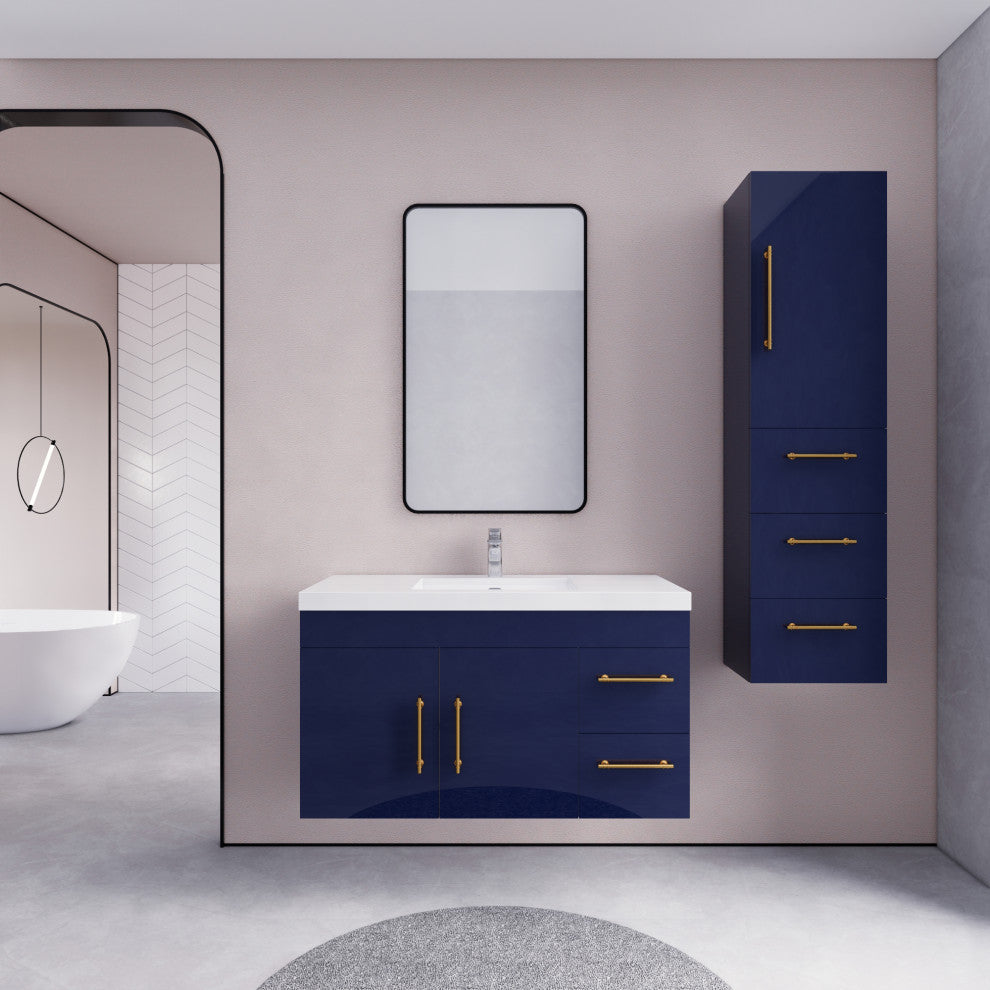 Rosa 42" Wall Mounted Modern Vanity, High Gloss Night Blue, White Top