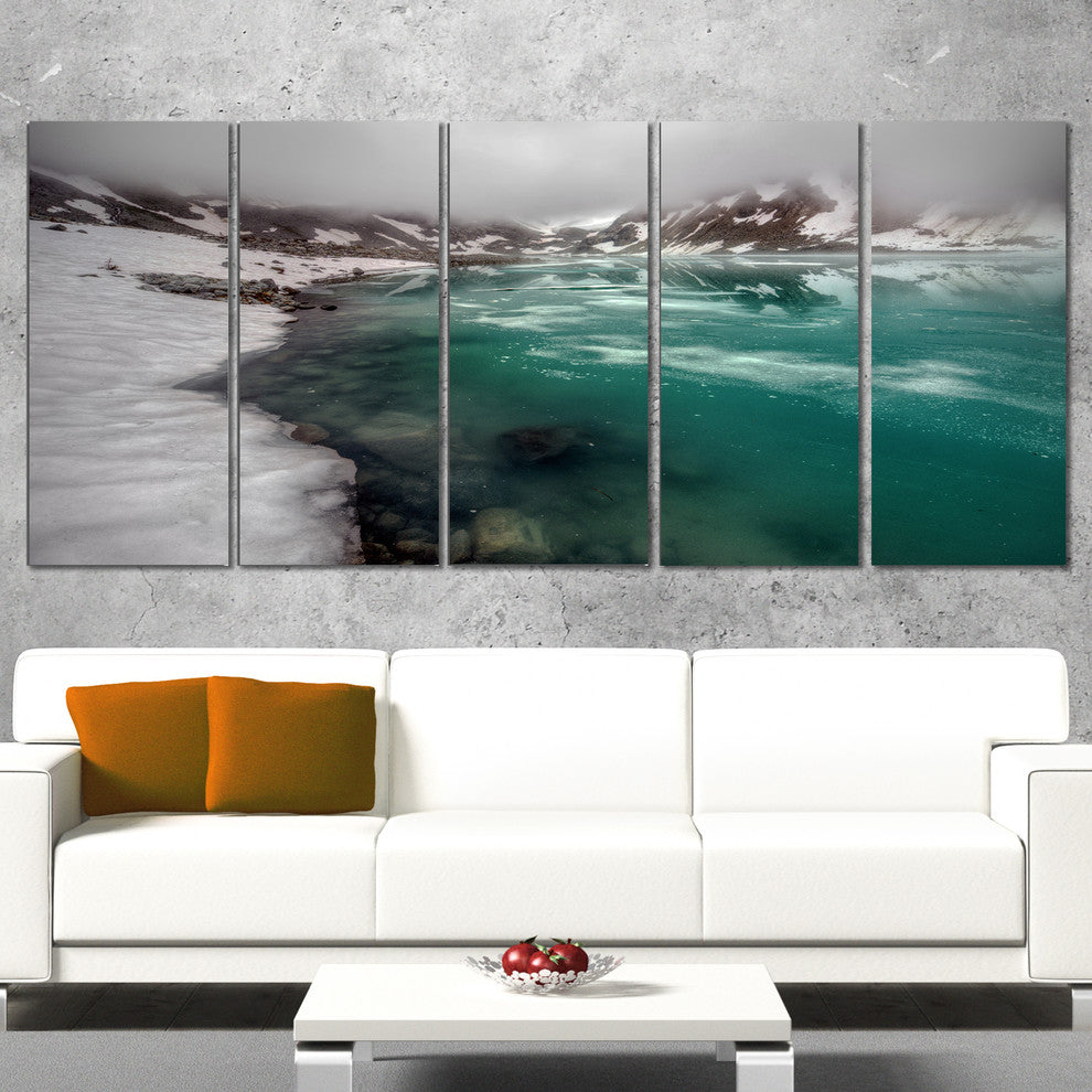 Lake With Icy Topped Mountains, Landscape Canvas Print, 60"x28", 5 Panels