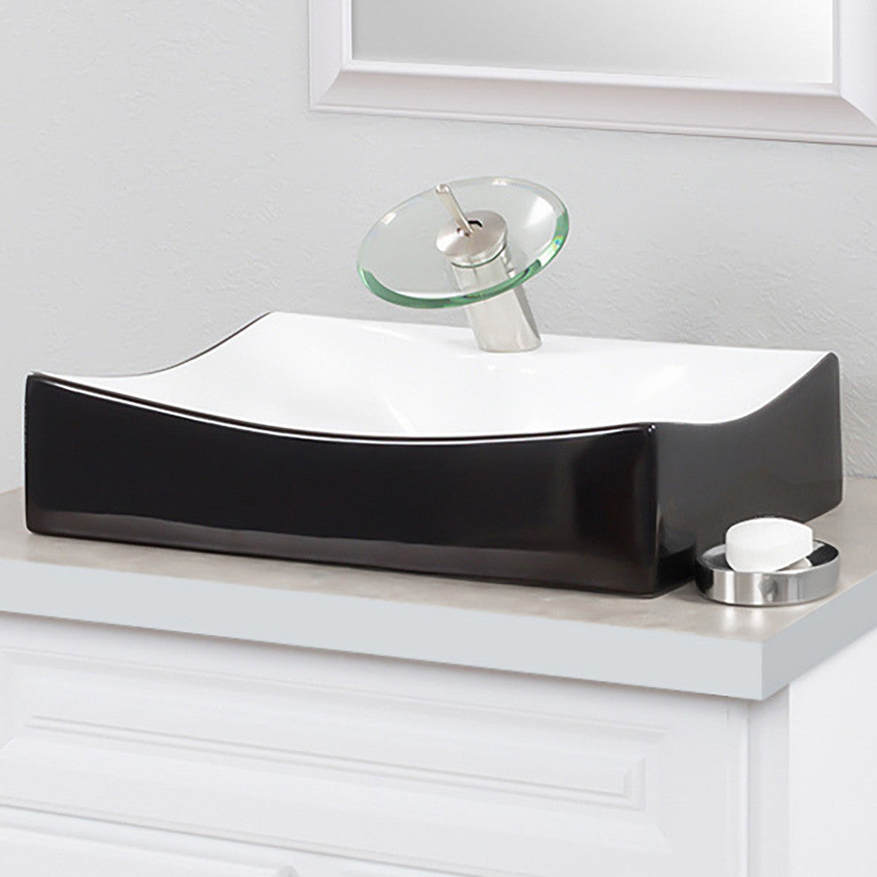Black and White Porcelain Vessel Sink With Faucet Hole