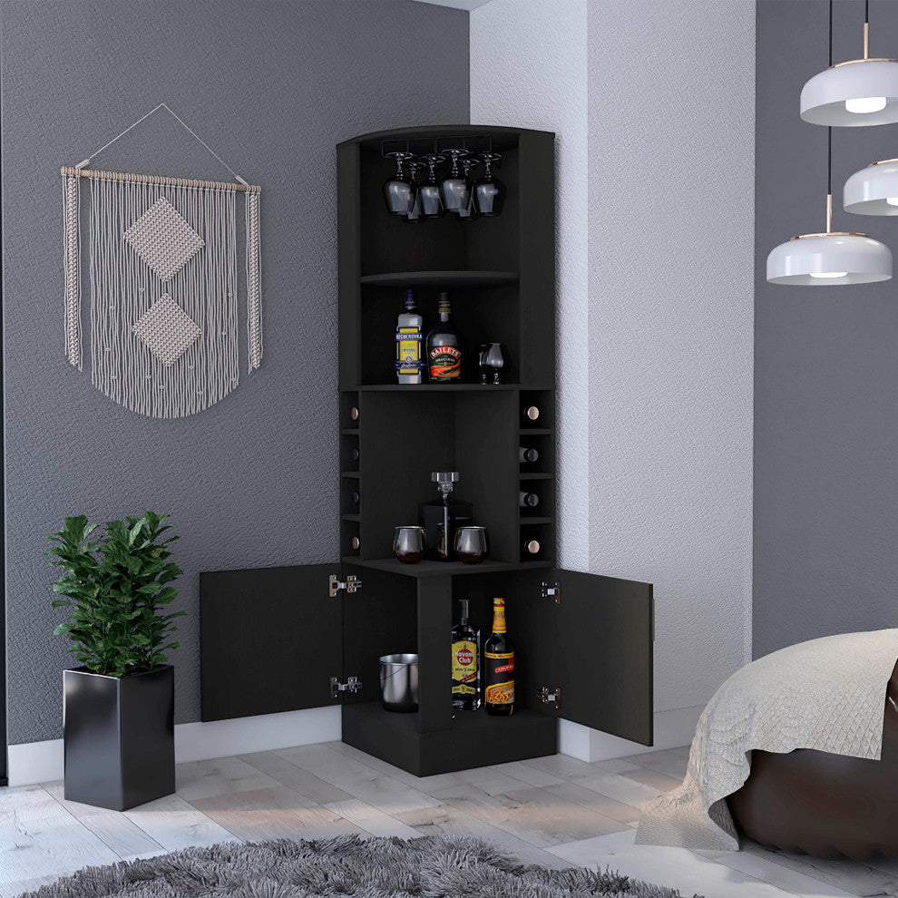 Delhi Corner Bar Cabinet with 8 Wine Cubbies and Glass Rack, Black