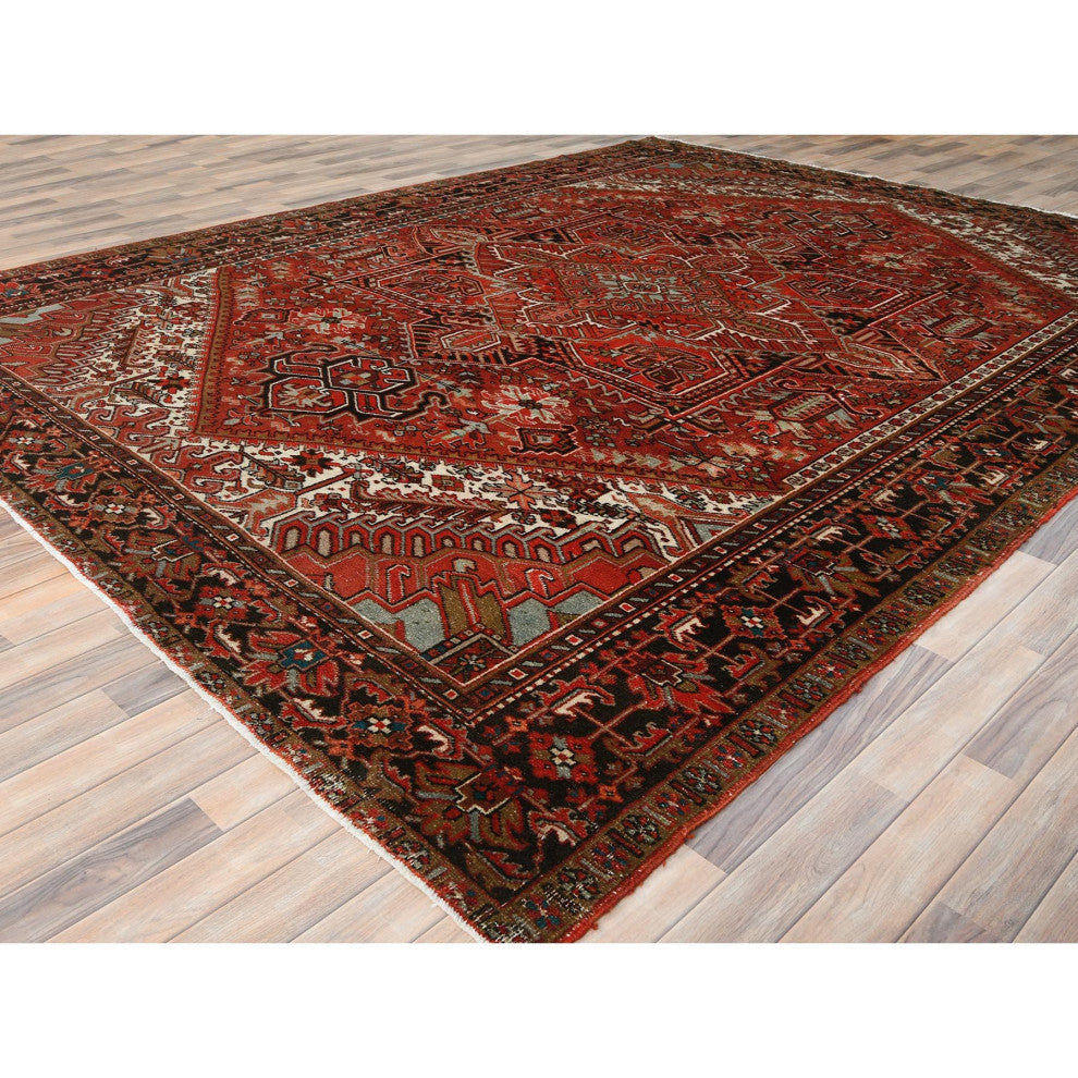 Tomato Red Hand KnottedVintage Persian Heriz Worn Down Oriental Rug 9'9"x12'4"