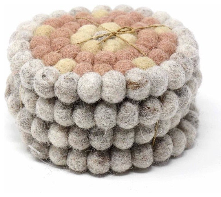 Felt Ball Coasters, Set of 4 Flower Design, Pink
