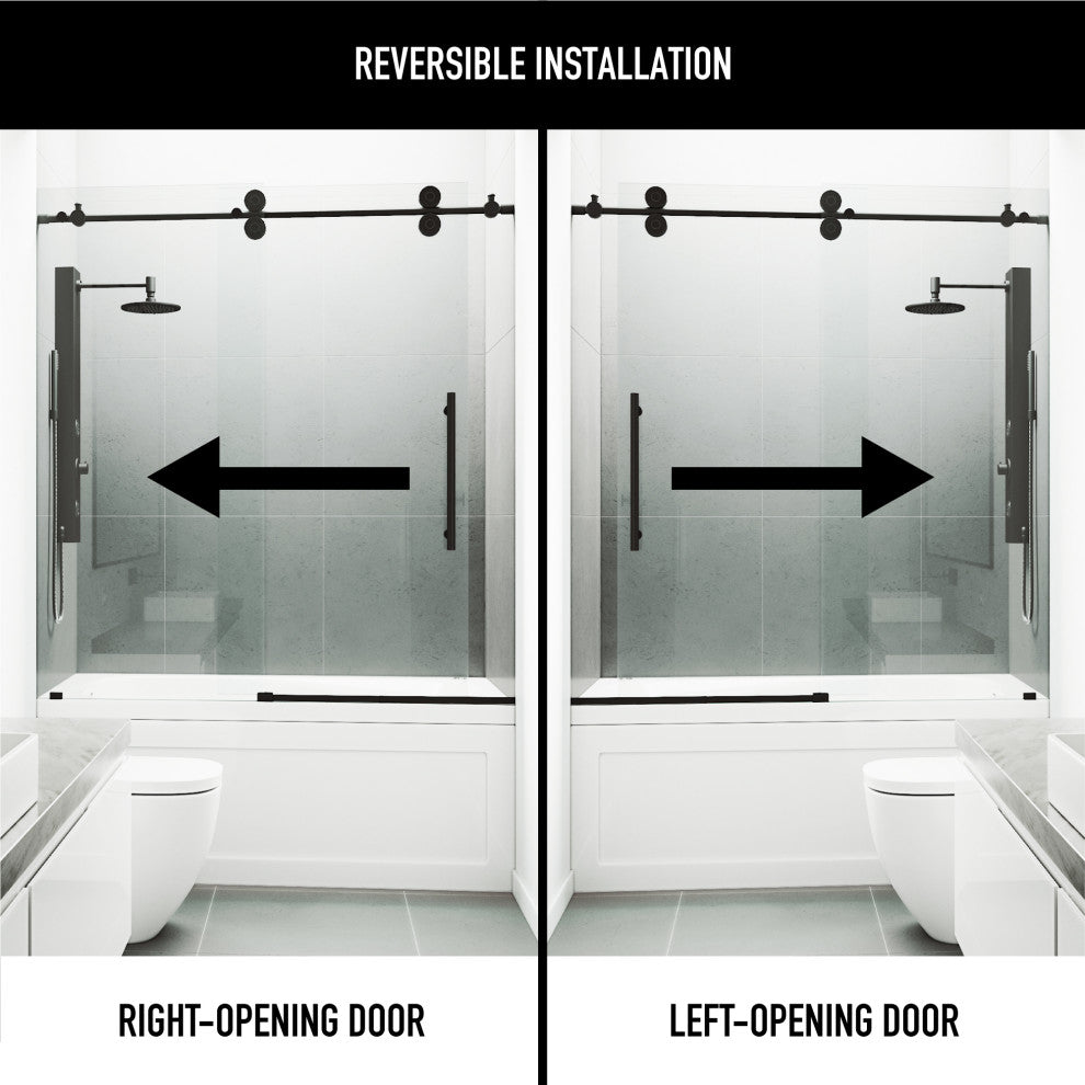 VIGO Elan 56" to 60" W x 66" H Frameless Sliding Tub Door, Matte Black, Clear Glass