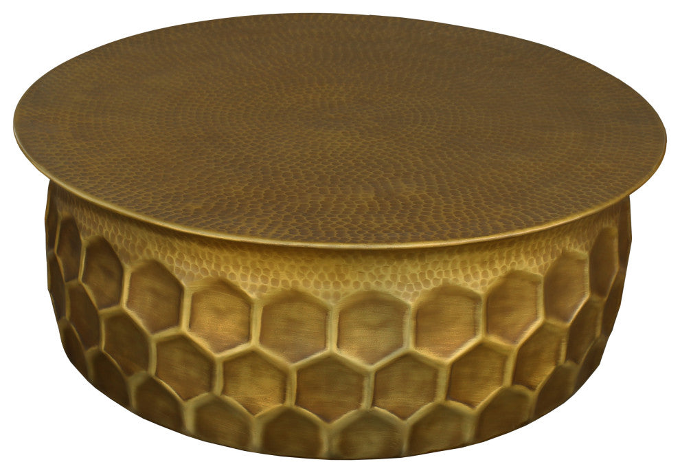 Benzara UPT-272882 Industrial Hammered Brass Round Coffee Table, Antique Brass