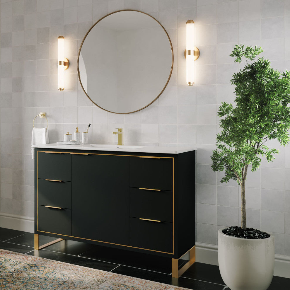 Bradford Bath Vanity, Black Matte, 48", Satin Brass Hardware, Single Sink, Freestanding