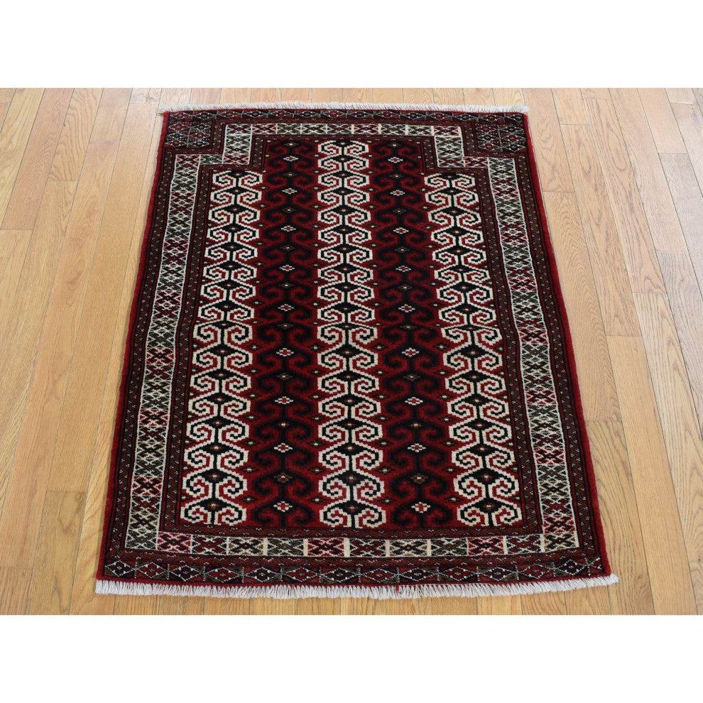 Maroon Red Turkoman Repetitive Design Pure Wool Hand Knotted Rug 3'2" x 4'1"