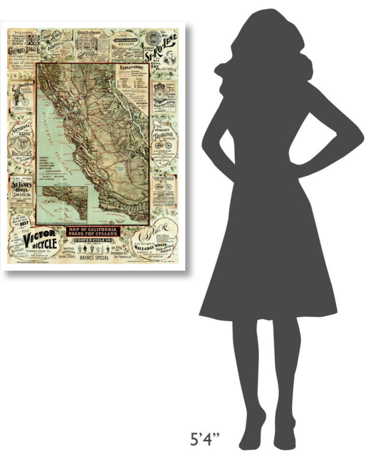 "Map of California Roads for Cyclers, 1896" Print by George W. Blum, 28"x38"