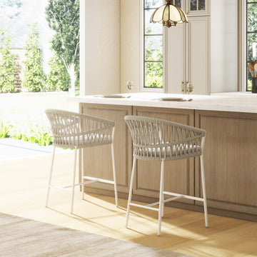 Maiden 27" Woven Barrel Back Outdoor Patio Counter Stool, Set of 2, Wheat Beige Axroma Olefin