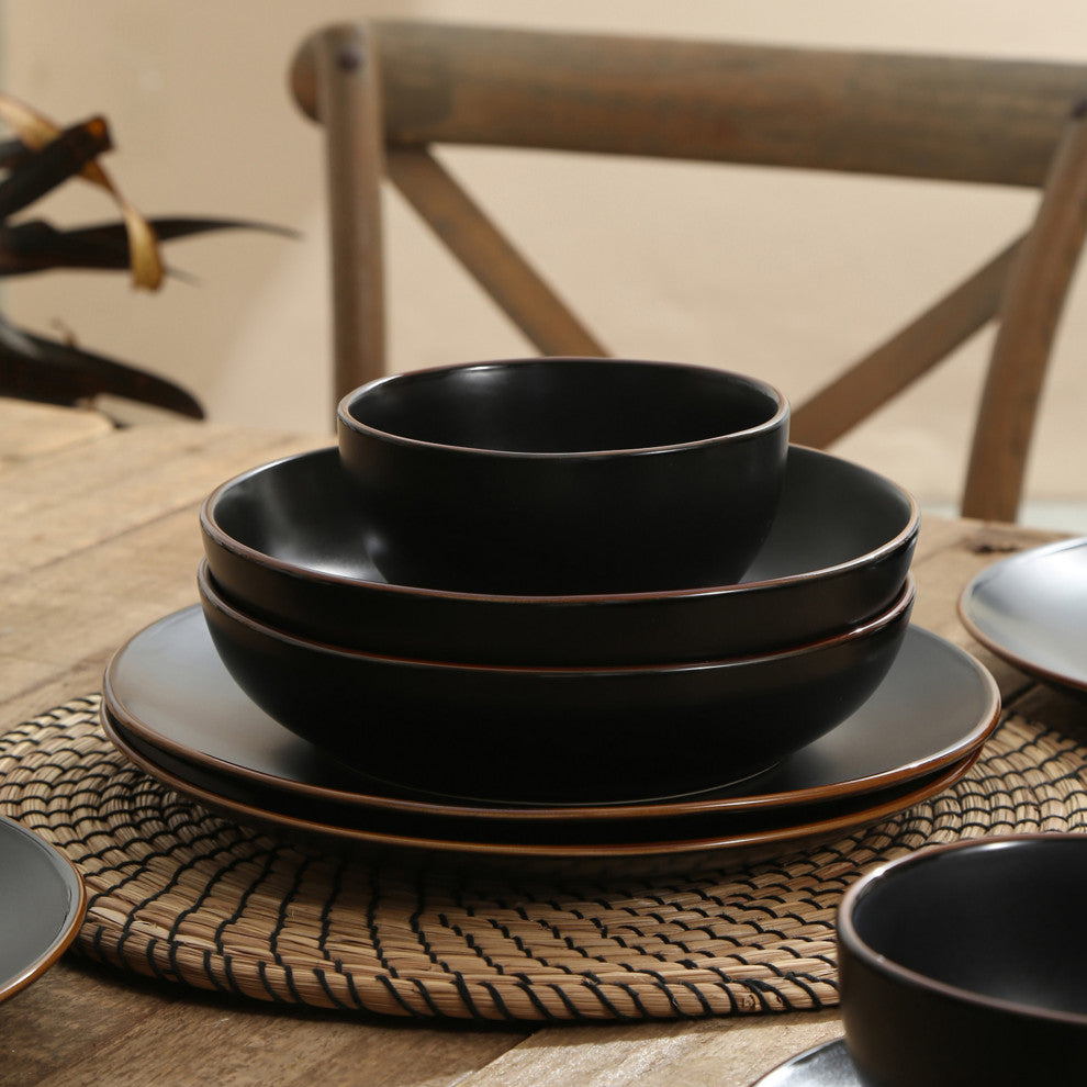 Stone Lain Brasa Stoneware 16 Piece Dinnerware Set, Black