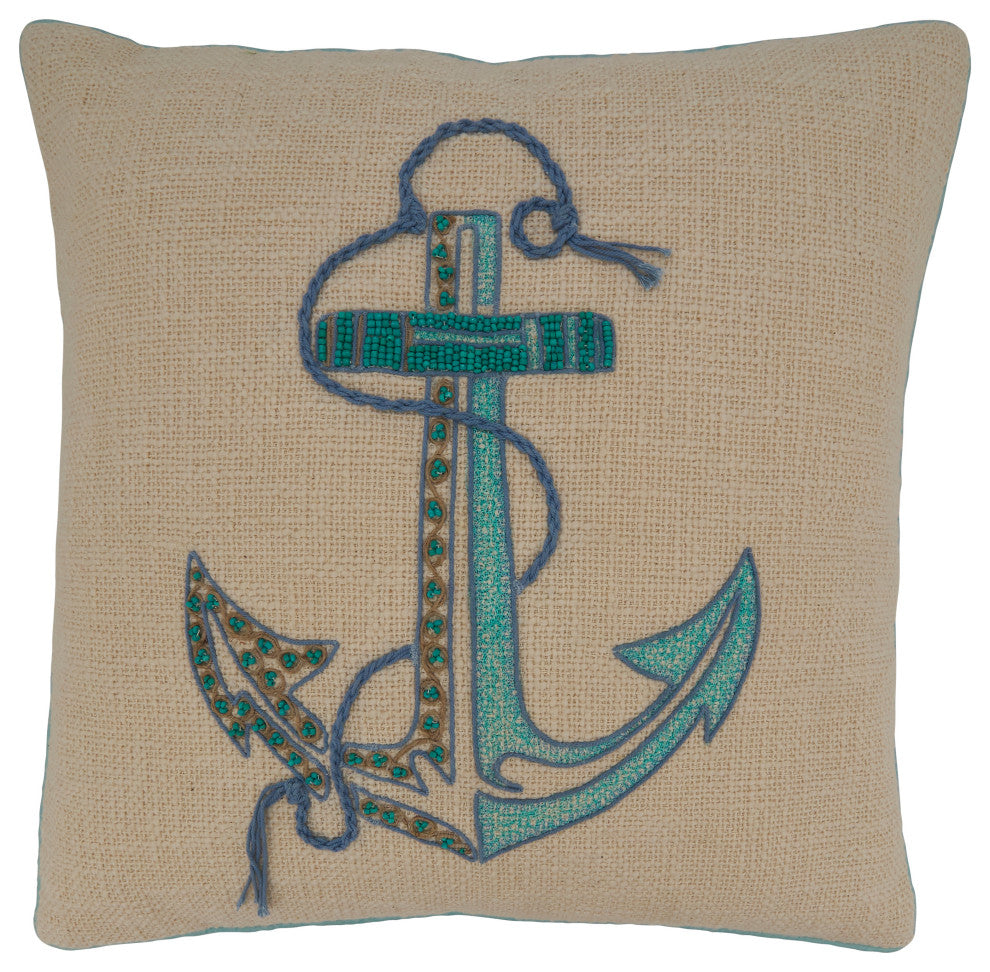 Throw Pillow Cover With Embroidered Anchor Design, 18"x18", Aqua
