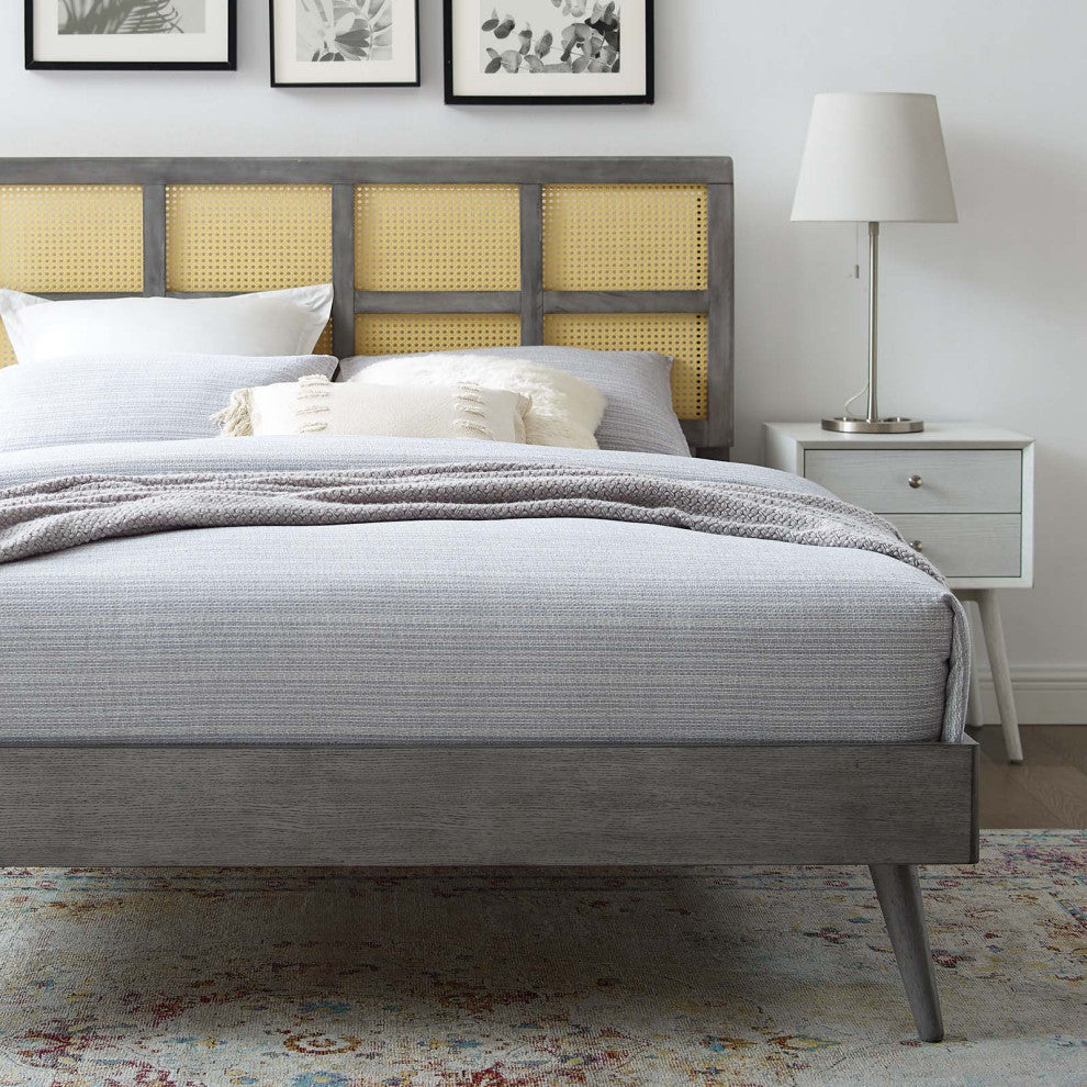 Platform Bed Frame, Full Size, Wood, Gray, Modern Mid-Century, Bedroom