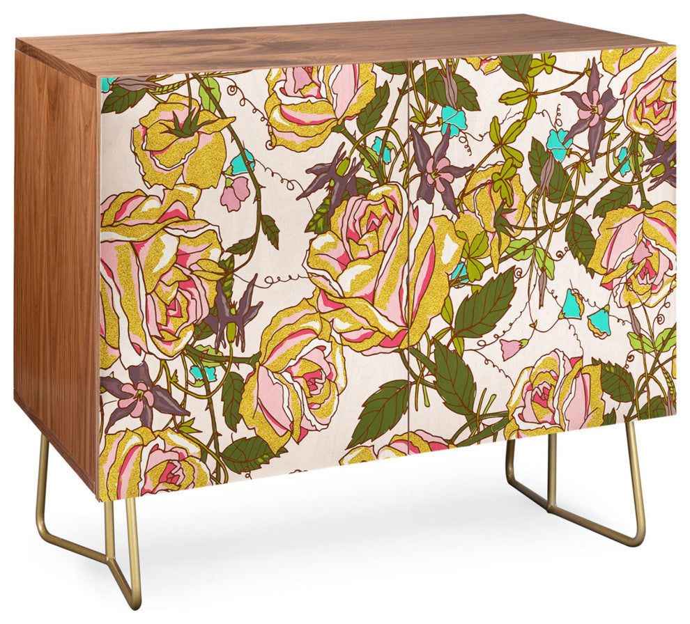 Deny Designs Yellow Beauty Credenza, Walnut, Gold Steel Legs
