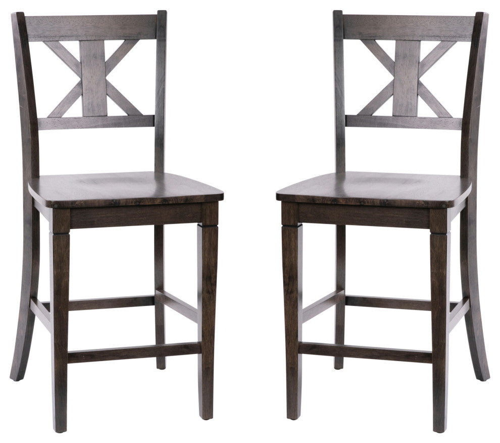 Set of 2 24" High Solid Wood Farmhouse Counter Height Barstools, Gray Wash Walnut