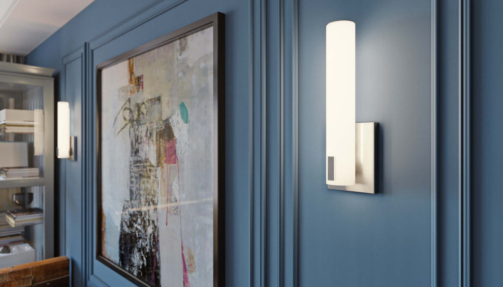 Bowen, Wall Sconce, Satin Nickel Finish, White Acrylic Shade