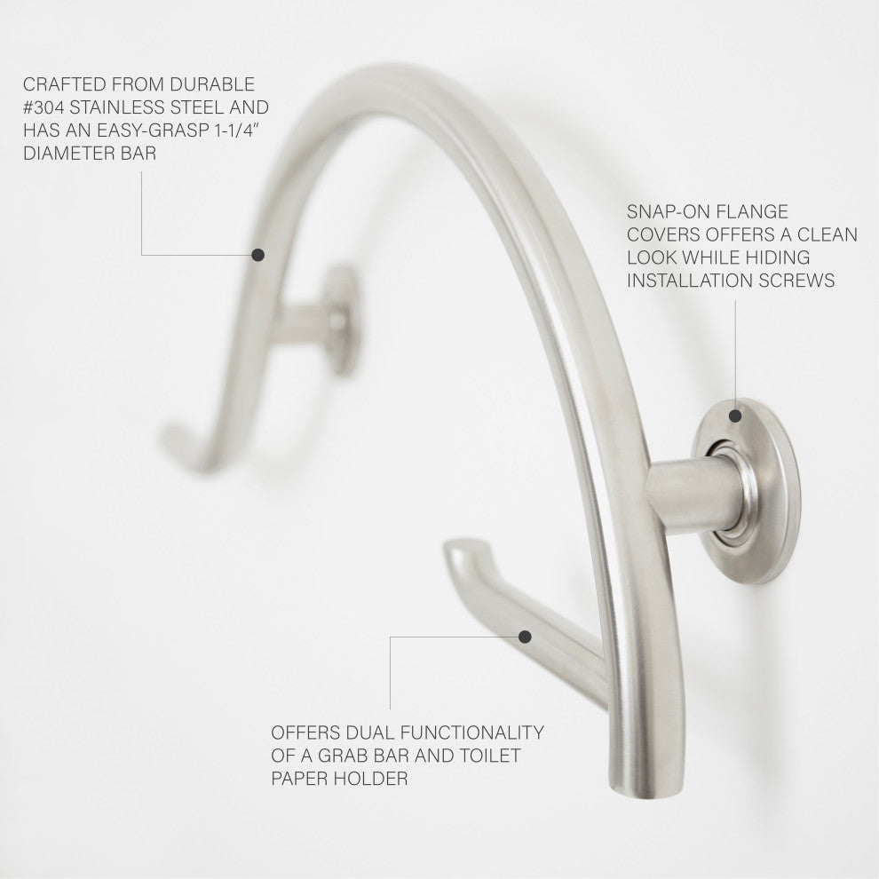 Curved Bathroom Shower Grab Bar w/ Toilet Paper Holder, Polished, Left-Handed