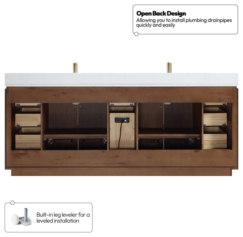 San Bath Vanity with Stone Top, Natural Walnut, 84", Double Vanity, No Mirror