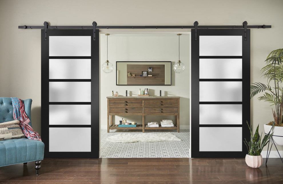 Double Barn Door 72 x 84 Frosted Glass, Quadro 4002 Matte Black, 13FT