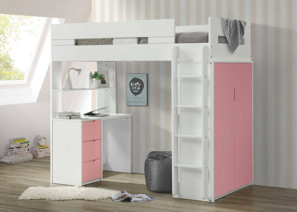 HomeRoots 78" X 41" X 70" White And Pink Laminated Veneer Lumber Loft Bed
