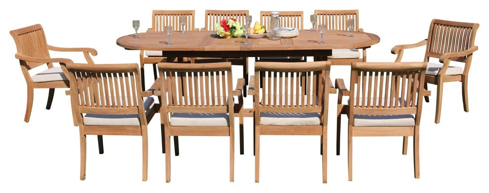 11-Piece Outdoor Teak Dining Set 94" Masc Oval Tbl, 10 Arbor Stacking Arm Chairs