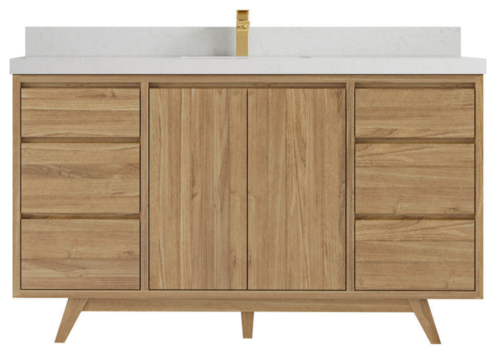 Madison  Teak 60 Single Bathroom Vanity Golden Teak 2" Carrara Quartz