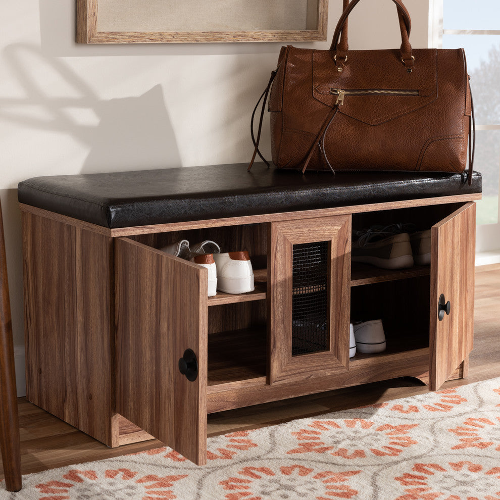 Valina Dark Brown Faux Leather Upholstered 2-Door Wood Shoe Storage Bench