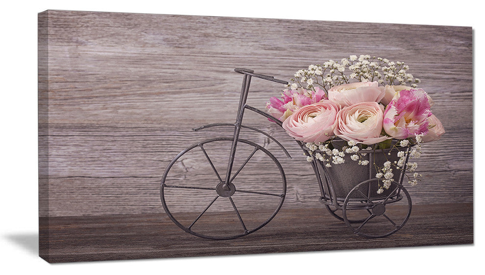Ranunculus Flowers on Bicycle, Floral Canvas Art Print, 32"x16"