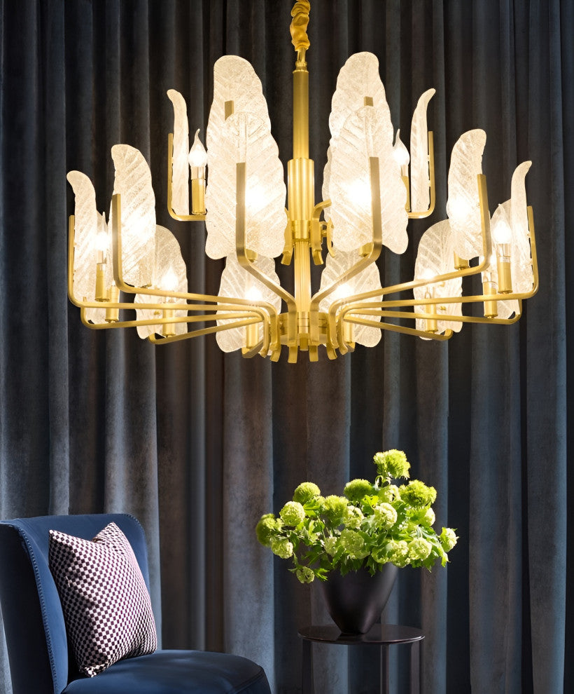 Lyss | Luxury Brass Chandelier with Leaves of Frosted Glass for Living Room, 15 Lights