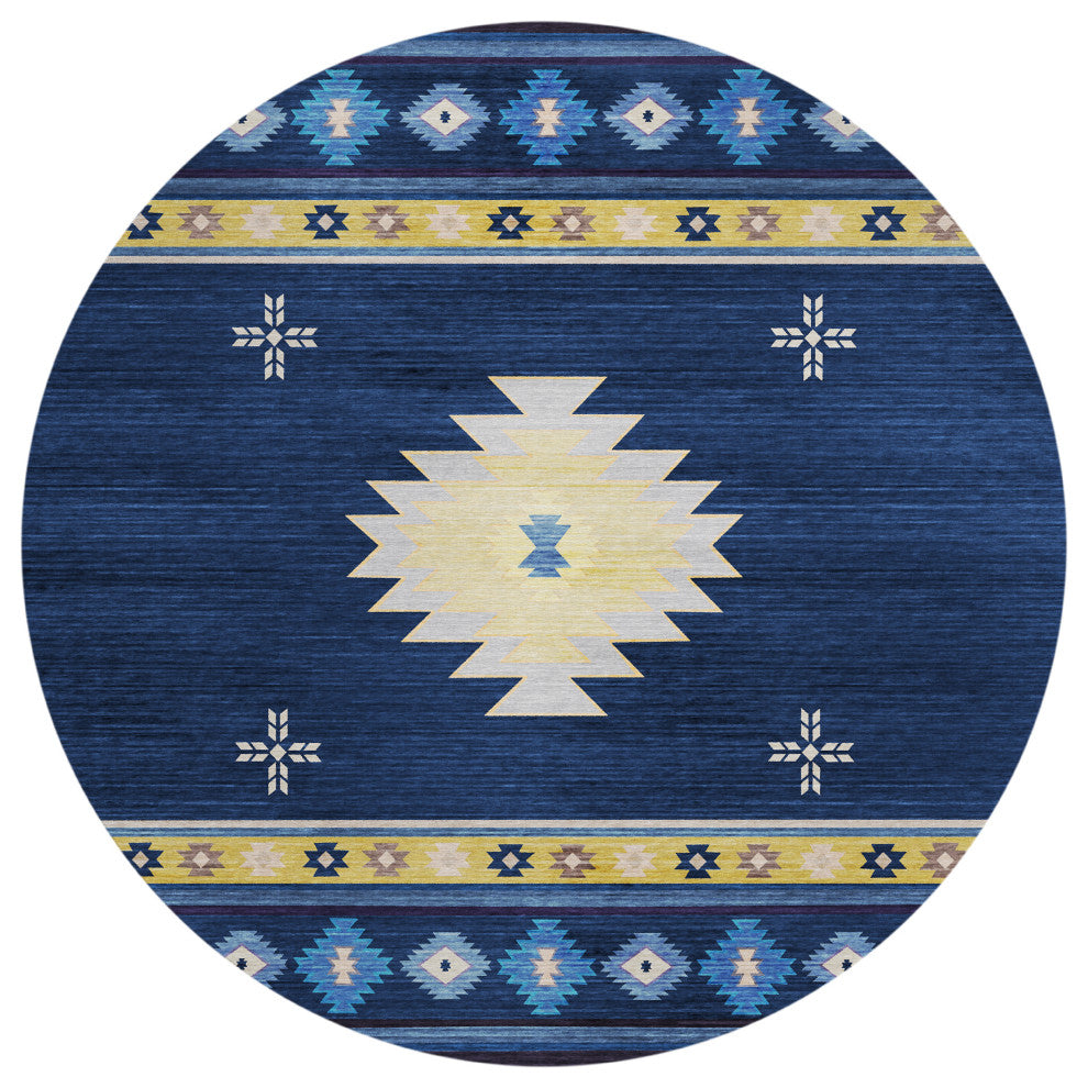 Indoor/Outdoor Phoenix PH4 Navy Machine Washable 8' x 8' Round Rug